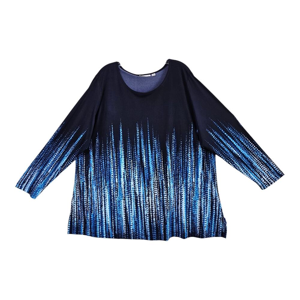 SUSAN GRAVER Plus 2X Tunic Top Blue White Waterfall Long Sleeve Liquid Knit 50"